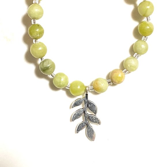 Serpentine Stone Silver Leaf Branch Necklace, Genuine Gemstone Beaded Necklace - Picture 1 of 9